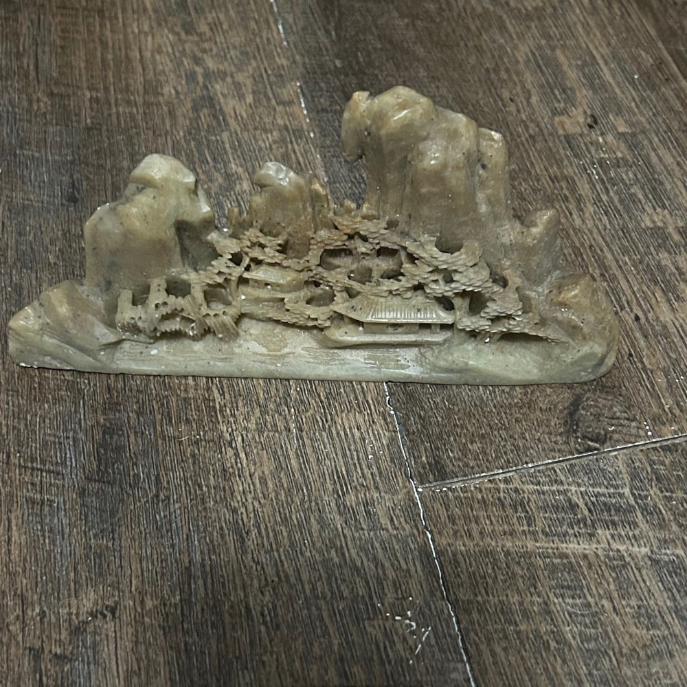 Vintage Hand Carved Soapstone Mountain Village Landscape Sculpture 7.5 Inch